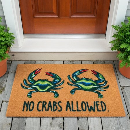 The image is a photograph of a small outdoor entrance area, featuring a doormat with a humorous design. The doormat is rectangular and made of a textured, brown, coir material. It has a vibrant, whimsical design with two stylized cartoonish crabs, each in shades of green, blue, and red, with exaggerated, expressive features. The crabs are depicted in a playful pose, with one crab facing left and the other facing right. Below the crabs, the text "NO CRABS ALLOWED" is written in a playful, cursive font, also in green, blue, and red.