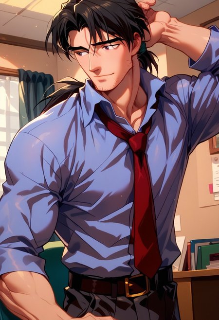 Gay, score_9,score_8_up,score_7_up, solo 1boy, human, bara, muscular,  Pryouji_kaji,low ponytail, kaji_blueshirt, red tie, belt, pants,, stubble,, indoors, office, dynamic angle, close up, bulge, , Expressiveh,