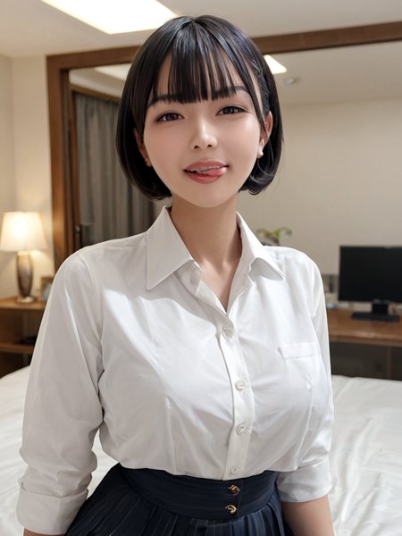 score_9, score_8_up, score_7_up, Hight detail RAW color photo, professional photograph,
(Composition from the waist up:1.5),
Beautiful Japanese Girl, Bobcut with bangs, Puffy face, 
sticking out side tongue, Licking lips,
White collared blouse, Illuminated hotel room,  peromilk,<lora:peromilk:1:1:lbw=0,0,0,0,0,0,1,1,1,0,0,0>