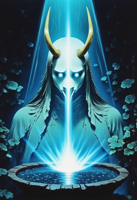 ArsMovieStill, movie still from a 1970s horror movie Studio Ghibli Dark Fairytale depicting a cursed hannya mask with horns and fangs blooming out of a blue lotus in a liminal bonsai garden with eerie radiating cyan and magenta miasma satyr