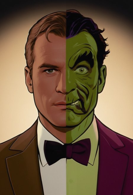 photo, cinematic film still of <lora:Batman1966 Style:0.4>
In year 1966,a man dressed , two-face, split face, side grin, teeth,wearing a two-tone suit, left side brown and right side purple, formal attire with a white shirt and black bow tie, left side of the suit is brown with a standard lapel, right side of the suit is purple, confident and menacing expression, symmetrical pose, realistic,  Gotham City, batman universe, ba_ma style, batman style, batman1966 style, shallow depth of field, vignette, highly detailed, high budget, bokeh, cinemascope, moody, epic, gorgeous, film grain, grainy , realistic texture,