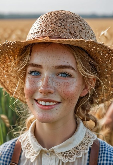 epiCRealism, 1girl, portrait of a farmer girl, bellissima, petit, slender, open smile, wearing leather apron over a checkered white and beige blouse, short sleeves, lace collar and lace on sleeves' rim, neck bow, messy and wavy blond hair, clean blue eyes, natural  beauty, no makeup, big eyes, freckles, large torn straw pointy hat , honest and cute face, wheat field being harvested in the background, hot summer day, sweat brow and temples, warm smile, parted lips, art by mooncryptowow, Detailed natural skin and blemishes without-makeup and acne