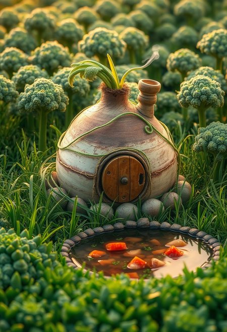 "Create a photorealistic image of a charming turnip house nestled in a lush field of string bean grass, with delicate, curly tendrils wrapping around the turnip's rough, earthy skin. The turnip house has a rustic, natural appearance, with a door made from a sliced carrot and a chimney puffing out gentle wisps of steam. A serene pond of vegetable beef stew glimmers in the foreground, complete with tender chunks of vegetables and a sprinkle of fresh herbs. The surrounding broccoli forest rises up like a emerald sea, with dense, florets of broccoli trees stretching towards the sky. The lighting is soft and warm, with a gentle, golden glow that brings out the textures and colors of the turnip house and its surroundings." highest-Quality, 8 k, intricate details, visually stunning, Masterpiece