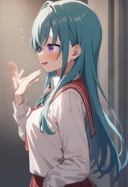 1girl,sincos, ningen mame, toosaka asagi,solo,medium breasts,school uniform,
fanning self,fanning face, hand up, motion lines, sweatdrop, sweat, hot,<lora:fanningself_XL_v1:0.9>
from side, portrait, looking to the side, aqua hair, purple eyes,guilt, in locker room, open mouth,
best quality, very aesthetic, absurdres