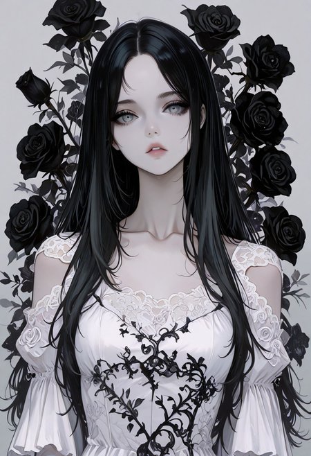 masterpiece, best quality, good quality, very awa, newest, highres, absurdres, 1girl, solo, long hair, looking at viewer, black hair, dress, collarbone, upper body, flower, parted lips, grey background, white dress, parted bangs, grey eyes, expressionless, rose, black flower, black roses, Shoulder cutout, detached sleeves, limited palette,