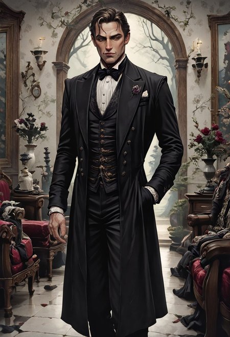 masterpiece, best quality, newest, absurdres, highres, FCMXV1.0, VGE-V1.0, goth fashion, victorian ,1boy, VGE-V1.0, goth fashion, victorian formal, 



