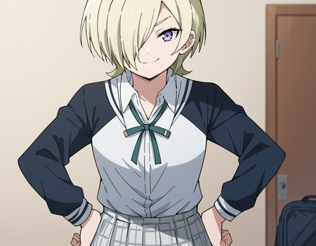 score_9, score_8_up, score_7_up, source_anime, <lora:mia-taylor-s2-ponyxl-lora-nochekaiser:1>, mia taylor, short hair, blonde hair, purple eyes, hair over one eye,, skirt, shirt, ribbon, school uniform, collared shirt, plaid, black shirt, neck ribbon, plaid skirt, white skirt, jacket, checkered skirt, nijigasaki academy school uniform,, indoors, smug, smile, looking at viewer, solo, hands on hips,, cowboy shot, dutch angle
