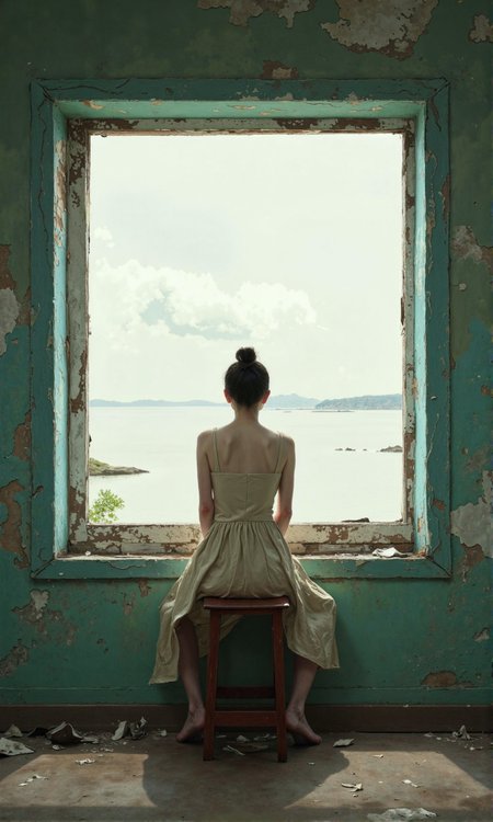 Full indoor shot of a woman seated on a small stool in front of a large window.
The woman is positioned from the back, so only her back and the top of her legs are visible. She has dark brown hair styled in a bun. She wears a light beige or cream-colored sleeveless dress, a simple sundress, that falls below her knees. 
The window frame is weathered and shows signs of age or damage, with irregular gaps and discoloration in the glass area within the frame. The view through the window is of a body of water, a pale sky, and a cloud formation, a neutral, overcast or slightly hazy ambiance.
The walls are a muted teal or aquamarine color, and the wall surface has visible patches of discoloration, roughness, and signs of age, which lends a sense of decay or abandonment to the room. 
The stool she sits on is a dark reddish-brown color with a simple design. 
The floor is a muted grayish-brown color, and scattered debris or remnants of materials are visible, suggesting neglect or disuse.  The overall image evokes a sense of solitude, contemplation, and possible melancholy., <lora:FLUX-daubrez-DB4RZ-v2:0.9> DB4RZ, DB4RZ style painting, <lora:ImpurePores:0.85> xlr_skin,