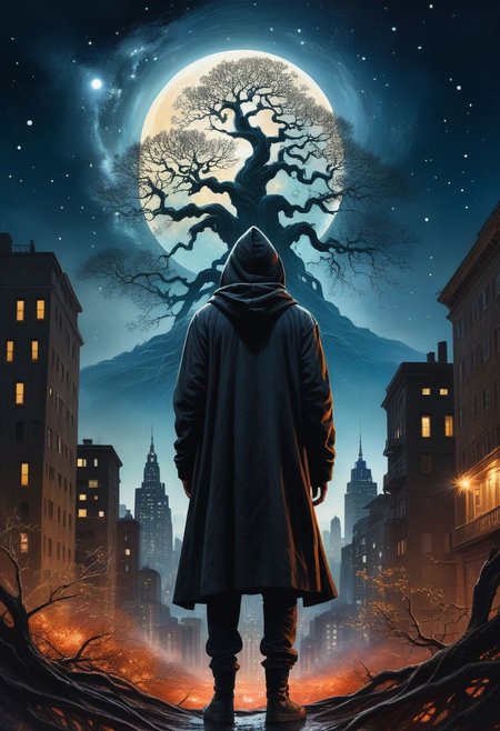very rough painting with visible paint strokes, (dynamic_angle), A world-tree with branches among the stars, hooded figure standing among the roots eyes of glowing embers, a figurelooking down, clothes like midnight full of stars, Night light, sharp shadows, moon lit, looking out over city, City landscape, dystopian city, crowds of people looking upwards, illustration,