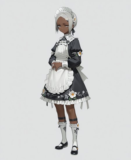 <lora:amrkdrw:1> amrkdrw,
(masterpiece), (best quality), (ultra-detailed), amazing quality, very aesthetic, illustration, perfect composition, intricate details, absurdres, incredibly absurdres, shiny skin, realistic,
 amrkdrw, solo, 1girl, dark skin, full body, dress, skinned female, white background, own hands together, black footwear, simple background, shoes, grey hair, socks, frills, long sleeves, standing, black dress, short hair, apron, maid, white socks, puffy sleeves, looking at viewer, hair ornament, mary janes, flower, maid headdress, closed mouth, frilled dress, floral print, general