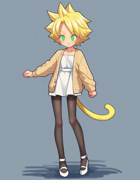 score_9, score_8_up, score_7_up, score_6_up, score_5_up, score_4_up, solo, 1girl, solo,
<lora:Popoka_v3:0.8> ppka, naughty smile, yokozuwari, knit cardigan, midi dress, ankle strap flats, sheer pantyhose, flat color, sketch, <lora:Parsleah_v1:0.8> parsleahssj, blonde hair, short hair, spiked hair, super saiyan, green eyes, no pupils, (tail, monkey tail, yellow tail), small breasts