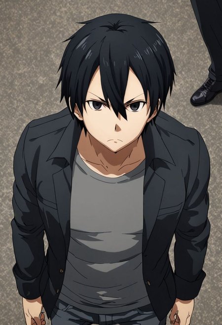 high resolution, solo, best quality, 1Boy, Kazuto Kirigaya, Black Hair, Black Eyes, casual, seen from above, gangster, dominant, intimidate, OverallDetail