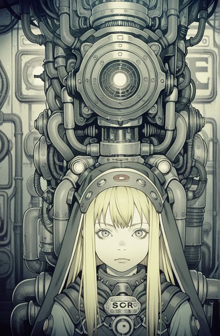 1girl,blonde long hair, (obslete machine god:1.2),punk,looking at viewer, portrait, monochrome, 
tatsuyuki, (too much machine:1.3) ,A room full of pipes, searchlights, (Bionic:1.2)
 <lora:Perfect Hands:1>  <lora:Tatsuyuki:0.9> <lora:add-detail-xl:1><lora:age_slider_v4:-2>, score_9, score_8_up, score_7_up, score_6_up, score_5_up, score_4_up,zPDXL