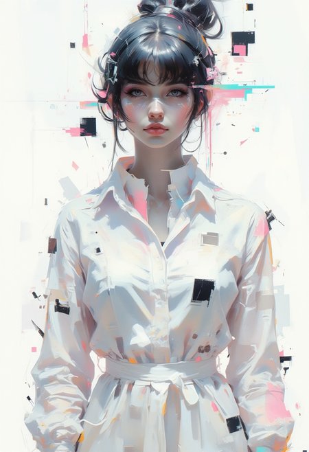 aidmaimageupgrader, female character in the center, minimalist composition, geometric patterns, glitchcore aesthetic, white space, worn textures, soft gradients, subtle digital distortion, muted neon accents, ethereal lighting, fragmented glitch effects, abstract shapes, delicate futuristic fashion, glowing holographic details, broken symmetry, faded digital artifacts, serene atmosphere, subdued color palette, glitching outlines, soft focus background, minimal futuristic setting, degraded glitch effects, dreamlike ambiance, quiet elegance,pscho_4rt