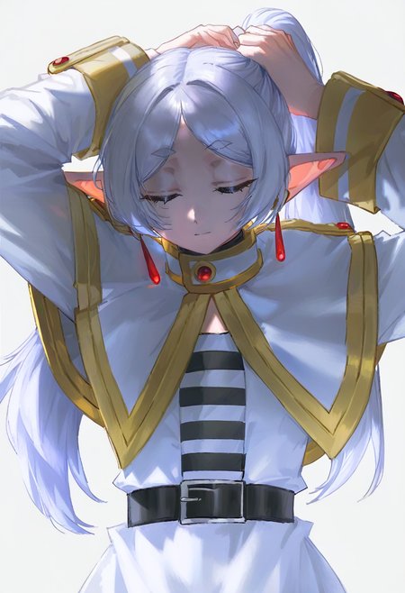 frieren, 1girl, solo, pointy ears, closed eyes, jewelry, long hair, white background, belt, earrings, arms up, simple background, closed mouth, long sleeves, capelet, dress, bangs, white capelet, parted bangs, white dress, elf, tying hair, grey hair <lora:quasarcakeXL_NBVP1_lokr_V6311P:0.95>