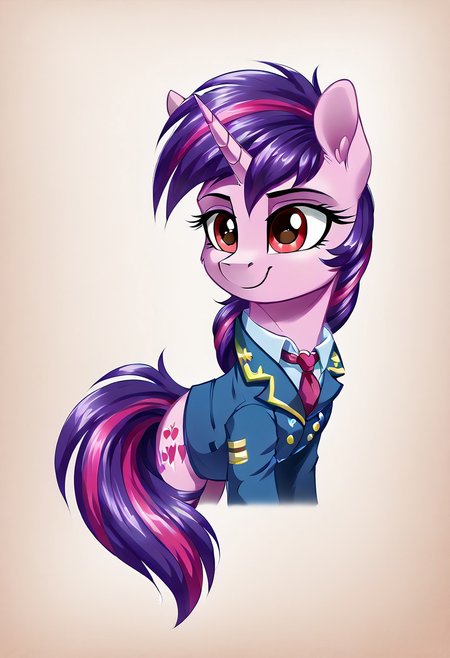 masterpiece, score_9_up, score_8_up, score_7_up, score_6_up, (best quality:1.1), ultra-detailed, high resolution, 1character, Pony, pony Equestria, unicorn, mlp, woman, feral, pink skin, one red love heart of the cutie mark, full purple tail, full purple mane, long eyelashes, single horn, ears, closed mouth, detailed facial features, expressiveh, Equestria background, highly visible, sharp focus, anatomically correct, Equestria at War, Portrait of the leader, looking at the camera, smile, She's looking at the other side