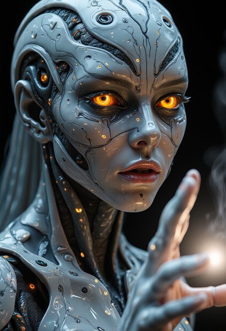 imagine extreme close-up, cybernetic mythpunk woman, with liquid marble white skin with gray veins, detailed yellowish-orange mechanical eyes, subtle neon implants. Partially concealed expression, hinting at ancient secrets. Single abstract light source, rim lighting through mist, soft ethereal glow. Wearing a carbon fiber mechanical exosuit with intricate glowing runes. Casting a spell, opening a portal within an alien cave – a futuristic mad scientist's lab. Profound mystery, quiet intensity.