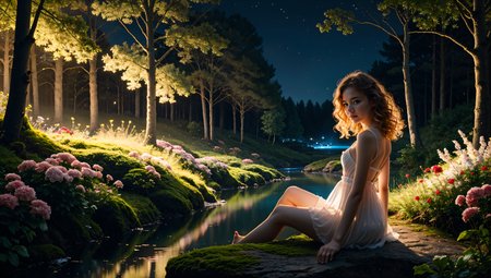 (detailed realistic background:1), (official art, beautiful and aesthetic:1 ), realistic lighting, cinematic lighting, hyperrealism, soothing tones, muted colors, high contrast, soft light, sharp, artistic photoshoot, FeyFa, forest, trees, middle, path, waterfall, through, background, stream, flowers, lights, BREAK  in the foreground sitting a fairy, in back of her house, light, (cute, petite), slender, european, pale cheeks, square face shape with angular jaw, natural makeup, ginger hair, (wavy bob hair:1.1), wearing see-through gossamer fairy short dress, night time, darkness,  <lora:age_slider_v2:-1.5> <lora:quality1:1> <lora:FeyAndFairies:0.4>