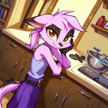 Dreamkeepers,1girl,Prelude_Vi,solo,furry,tail,source_furry,hazel eyes,
masterpiece, child, kid, 
highres, hi res, best quality, masterpiece,  long hair, sleeveless, shirt, belt, skirt,,
light smile, dutch angle, naughty pose, looking at viewer, indoors, house, solo, dynamic pose, cowboy shot, head tilt, from above, head focus, hand on own cheek,  from side, very expressive face,