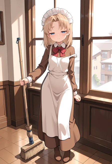 1girl,solo,
medoi,
light brown hair,medium hair,parted bangs,curtained hair,blue eyes,raised eyebrows,half-closed eyes,
(sleepy:0.6),blush,frown,parted lips, 
long skirt,brown dress,maid headdress,long sleeves,red bowtie,collared dress,white apron,strap slip,
f, standing, [pole dancing:holding broom:0.2], 
full body, 
indoors, window, in_room,
masterpiece,best quality,amazing quality,very aesthetic,absurdres,newest,
<lora:reduce_wrinkles_illstriouosv0.1_ADDifT_2_in_1_v1.2:0.8>,<lora:99coins_nijiura_maid_IL_v5_06:1>,