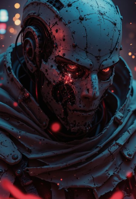 A close-up of a desolate robotic soldier, his war-torn face frozen in a moment of silence. His metal mask is cracked and corroded, its once-pristine surface now worn down by time and battle. One eye glows faintly, flickering with the last remnants of power, while the other is shattered, leaking thin arcs of electricity into the cold air. A deep scar runs across his synthetic cheek, remnants of past conflicts etched into his very being.
His breathless form is framed by the tattered remnants of his cloak, its edges frayed and interwoven with shattered circuits, barely clinging to his massive frame. The ambient glow of distant fires and glitching city lights cast deep shadows across his features, contrasting sharply with bleached red highlights that illuminate the battle-worn edges of his armor. Digital distortion lingers in the air, fractured echoes of long-lost comrades whispering through the static.
The camera lingers close—tight framing accentuates the details of his ruined form, the depth of his silent sorrow. Every tiny dent, every broken wire, every flickering light tells the story of a warrior who has outlived his war, kneeling in a moment of quiet, haunting reflection.