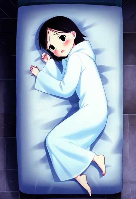 zPDXL3, source_cartoon, Perfect Hands, full body,
1girl, solo, bedroom, looking at viewer, saoirse, black hair, black eyes, blush, ghost, hood up, robe, barefoot, glowing, lying on bed, from above, lying on side, facing at viewer, feeling cold, eyes open, crying sadly, open mouth, sleeve past wrist, slim body, long body, highlight cloth wrinkle, anime style,
<lora:Perfect Hands:1>  <lora:Saoirse_-_The_Song_of_the_Sea-000009:1>