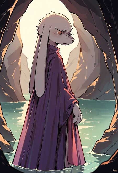 score_9,score_8_up,score_7_up, cave, shadow, lighting, king, purple dress, long ears, side view, ocean, looking down at the water, sword on the ground