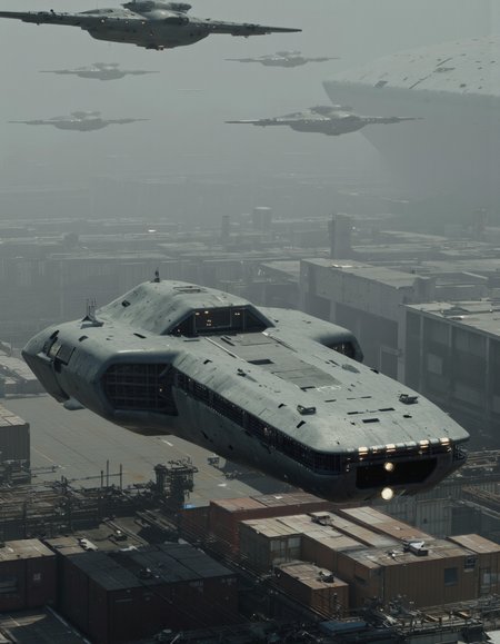 By Paul Chadeisson. A photo-realistic shoot from below about a futuristic spaceship flying over a large ship-like structure in a hazy industrial environment. the image also shows a dense, industrial setting with multiple aircrafts flying overhead. on the middle of the image, a large, armored vehicle with a sleek, futuristic design is seen from below, with its headlights on, and it appears to be floating in the air. the vehicle has a long, narrow body with a pointed nose and multiple windows on the front, giving it a futuristic look. it is positioned in the center of the frame, with the ship in the foreground and the aircrafts in the background. the ship is grey in color and has a glossy finish, with no visible damage or wear. the background shows a large industrial area with multiple buildings and containers, and the sky is overcast with a thick layer of fog or mist covering the entire scene. the overall atmosphere is hazy and industrial, with a sense of depth and atmosphere.