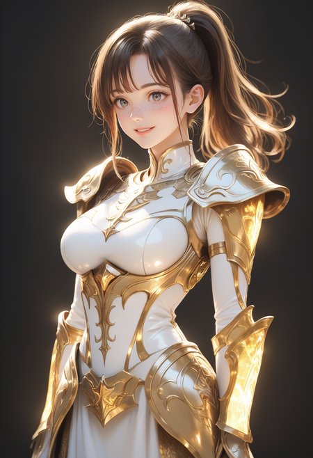 score_9, score_8_up, score_7_up, source_anime, masterpiece, best quality, perfect anatomy, very aesthetic, ((outlined outlined vector graphics)),no norm,
, cute face, (glow eyes:0.8), glittering, glimmering,, black background, cowboy shot, smile,__anlge__,
1girl, solo, 20yo, brown hair, gray eyes, (large breast:1), (ponytail:1.1), medium hair,(curvy:1.1),bangs, bodysuit, glowing, nature, skin tight, freckles,, holy armor,  white holy armor, , white dress, gold armor, gold holy light, fantasy,  standing ,  ,  arms behind back, , <lora:holy-light-armor-01:1>