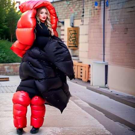 front very cute  stuning european blond very curvy women wearing a red((extra_puffy_adjusted_strait_full_closed_coat))  ((extra_puffy_hood)) ((fully_down_hooded)) ((very_high_down_collar)) ((down_glove)) ((down_puffer_boots)) 
,slim downcoat,closed coat,
long_legs, long_sleeves,  dress, high_neckbrace, lips, hand_fan, dress, city, street, winter, snow, walking, daytime, sun, sunlight,realistic_up_hood
<lora:Puffer_Jacket_and_Down_Jacket_-_Extra_Puffy_Jackets:0.9>
 <lora:VictorianBustleDress:0.6><Lora:Parkasite-XL:1.0