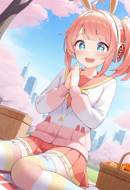 1girl,solo,<lora:HBSmeuil:0.9>,meu_meu,blue eyes,sparkling eyes,pink hair,side ponytail,headphones,fake animal ears,ahoge,flat chest,multicolored clothes,school uniform,long sleeves,pleated skirt,garter straps,striped thighhighs,multicolored legwear,cowboy_shot,looking_at_food,looking_down,dynamic_angle,park,food,picnic,cherry blossoms,day,smile,sitting,wariza,palms_together,open mouth,drooling,masterpiece,best quality,good quality,newest,incredibly absurdres,cityscape,picnic basket,