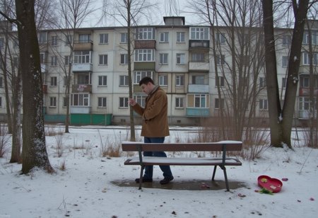 cinematic photo hyperrealistic art post-soviet, panel building, panelki, winter, A man stands in the park with his back to a bench with a bouquet of roses and a heart-shaped box of chocolates lying on it and lights a cigarette  . extremely high-resolution details, photographic, realism pushed to extreme, fine texture, incredibly lifelike . 35mm photograph, film, bokeh, professional, 4k, highly detailed