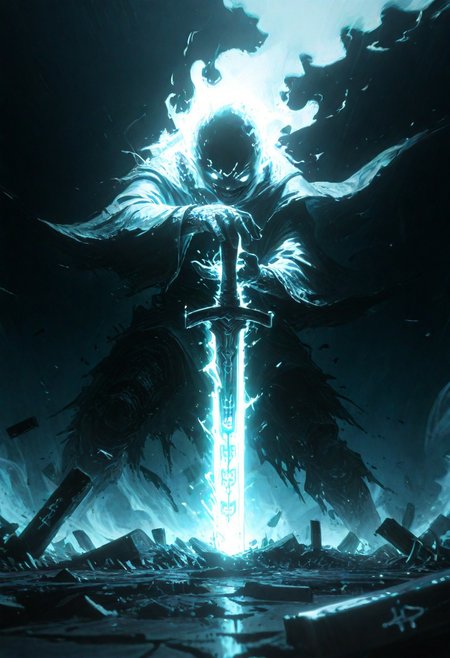 dynamic angle, unusual angle, dynamic, dynamic composition, single sword, runic engraving, runes, sould of the damned, broken sword, broken, damaged
In the dim, flickering light, a sinister shadowy figure emerges, its presence cloaked in an air of mystery. (Looking at the viewer with sinister smile:1.3) Slowly, it reaches out toward the hilt of the shattered runic sword, its movements deliberate yet hesitant. The ancient engravings on the hilt begin to pulse faintly, glowing like a dying ember, their light casting eerie shadows across the figure’s outstretched hand. The closer it gets, the air grows colder, heavy with an otherworldly presence. From the jagged break in the blade, spectral wisps begin to unfurl, curling and twisting like smoke, their forms coalescing into ghostly faces etched with agony. Whispers fill the air—soft at first, but rising into a cacophony of tormented wails. The figure’s hand trembles as its fingers hover just above the hilt, as though sensing the weight of the cursed power it is about to claim. Finally, with a sharp intake of breath, the hand closes around the sword. The runes ignite with a blinding light, and the escaping souls recoil, writhing in both fear and fury.