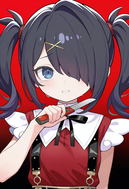 masterpiece, best quality, high quality, detailed, absurdres, uncensored,  <lora:kejuki:1> kejuki, ketsu juuji killer \(kejuki\), red background, black background, gradient background,
BREAK 1girl, ame-chan \(needy girl overdose\), (small breasts:0.4), twintails, x hair ornament, hair over one eye, red shirt, black skirt, sleeveless shirt, suspender skirt, holding boxcutter, tearing up, (clenched teeth:0.6), hand up, looking at viewer, portrait, close-up
