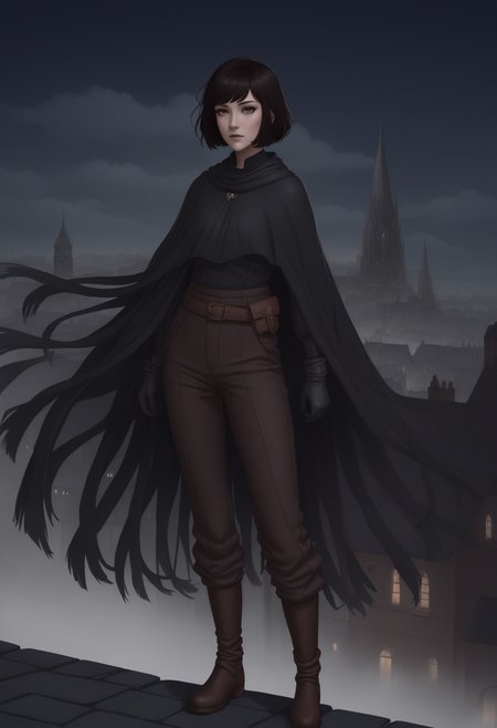 vin, 1girl, black bob haircut, brown eyes, tasselled cloak, shirt, pants, boots, gloves, city, night, mist, fantasy, <lora:Vin_sdxl:0.5>