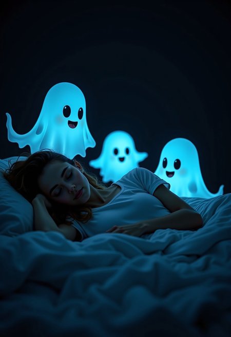 aidmaimageupgrader, a high quality digital image of a 3 intricately detailed happy little ghosts watching over a woman sleeping in bed, they glow at night