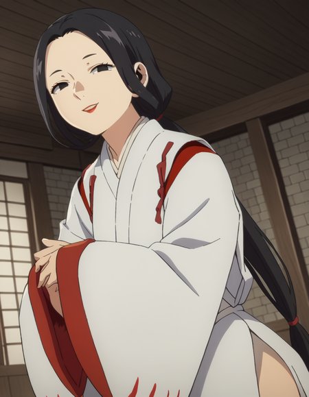 score_9, score_8_up, score_7_up, source_anime,
maizuru, <lora:maizuri-s1-ponyxl-lora-nochekaiser:1>,
maizuru, black hair, black eyes, long hair, low-tied ponytail, forehead, makeup, lipstick, red lips,
japanese clothes, wings, wide sleeves,
indoors, dojo, bent over, smile,
looking at viewer, solo, cowboy shot, dutch angle,