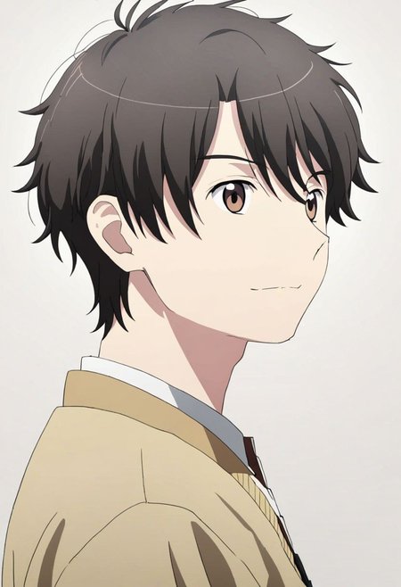 high resolution, solo, best quality, 1Boy, Inaho Kaizuka, Black Hair, Brown Eyes, potrait, dark shirt, looking at viewer, focused gaze forward, simple background, straight body, upper body, head upright, happiness, OverallDetail