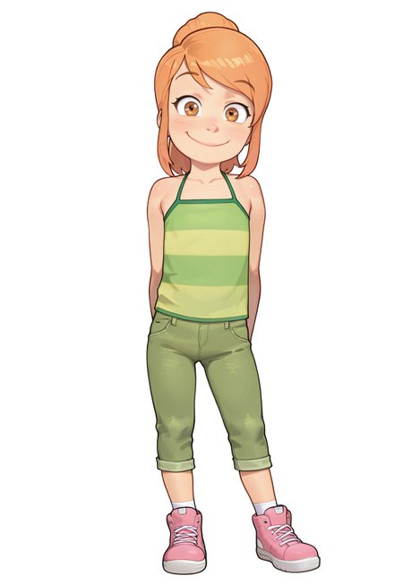 official art, masterpiece, best quality, absurdres, amazing quality,  4s0r4, smooth style, andilf ,HD, 4K, possmach, 1girl, solo, young, younger, flat chests, petite, CAV_TDef, halter shirt, sleeveless shirt, striped shirt, green shirt, jeans, green jeans, capri pants, pink footwear, sneakers, smile