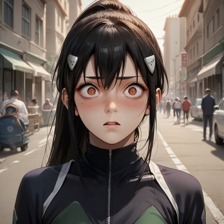 score_9, score_8_up, score_7_up, source_anime, expressive, anime, Artist speedlines, dynamic, 1girl, mina_ashiro, black hair, ponytail, long hair, hair ornament, mole under eyes, orange eyes, blush, blushing, embarrassed, detailed eyes,  BDSM, blushing, surprised, mindbreak, fucked_silly, defeated_heroine