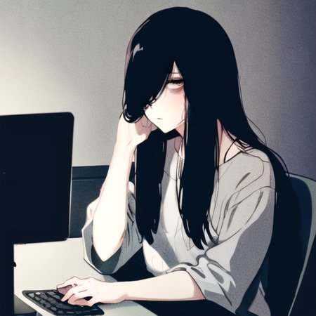 ((masterpiece)),(best quality), absurdres,sadako_yamamura,<lora:Sadakobest:0.8>,   <lora:conceptBagsUnderEyes_v10:1.2>,Bags under eyes, portrait, using phone, on computer, looking at computer, dark room, light from computer, sitting on chair,