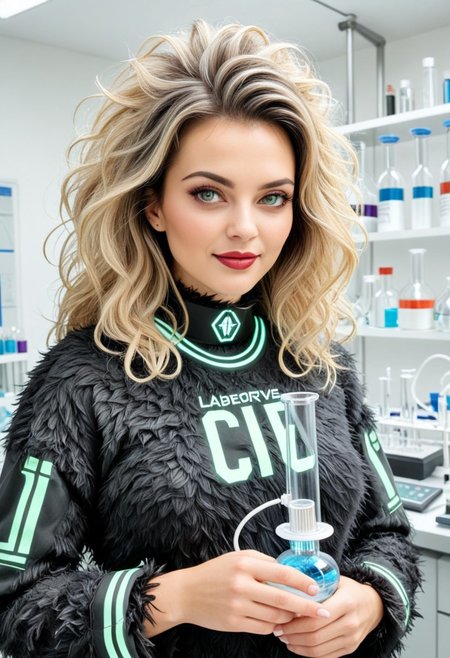 420futurism, (close up:1.8), Stable_Yogis_PDXL_Positives, (hemp long coat), Realism_Quality_2xx_By_Stable_Yogi, (anatomically correct:1.7), photo, photo_realistic, 1girl, mature_woman, European, 27 years old, parted_lips, choker, seductive smile, sultry, serious stare, stern look, close-up, eye shadow, makeup, milf, mature female, pureerosface_v1, Expressiveh, intricate_details_xl, natural skin, realistic, hands out of view, red lipstick, makeup, streaked hair, black hair, yellow streaks in her hair, long side bangs, green highlights in bangs, thick lips, big hair, tall, natural eyes, high neck closure, fitness body, toned muscles, high cheekbones, solo, high turtle neck, (hands hidden:1.7), short puffy sleeves, high neck closure, fully dressed,  gentle smile, closed mouth, (laboratory:2), (Fluffy hair:2.4), electroscope, generator, indoors, hemp clothing, cyberpunk, futuristic, (neon:1.6). (hemp clothes:1.8).