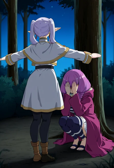 masterpiece, best quality, absurdres, assert_your_dominance_(meme), 2girls, dark, night, tree, against tree,
BREAK
frieren, t-pose, standing, from behind, spread arms,
BREAK
aura \(sousou no frieren\), squatting, covering face, hands on own face,
<lora:assert_your_dominance_meme:1>