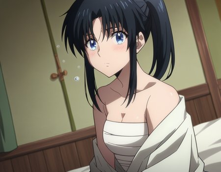 score_9, score_8_up, score_7_up, source_anime,
kaorukamiya, <lora:kaoru-kamiya-ponyxl-lora-nochekaiser:1>
kaoru kamiya, blue eyes, black hair,
cleavage, japanese clothes, open clothes, kimono, bandages, hakama, sarashi, open kimono, chest sarashi, hadanugi dousa, bokken, ponytail,
indoors, bed, bed room, on side, blush, drunk,
looking at viewer, dutch angle, cowboy shot