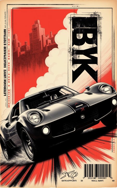 A brutalist retro-futurism poster featuring an ultra-aggressive sports car, mid-motion, with dust and smoke trailing behind. The car has a sharp, aerodynamic body, with gleaming headlights cutting through a textured, grainy background. The composition blends halftone textures, heavy contrast, and a structured collage layout with dynamic close-ups of the wheels, headlights, and a roaring exhaust. The background includes bold geometric distortions, glitch effects, and a barcode-style element featuring the word 'RYXM' in an industrial, grunge-style font. Abstract speed lines and torn-paper textures give the design a raw, high-energy feel. The overall aesthetic fuses vintage newspaper print with cyberpunk and dystopian elements, making the car look like a machine built for the future.