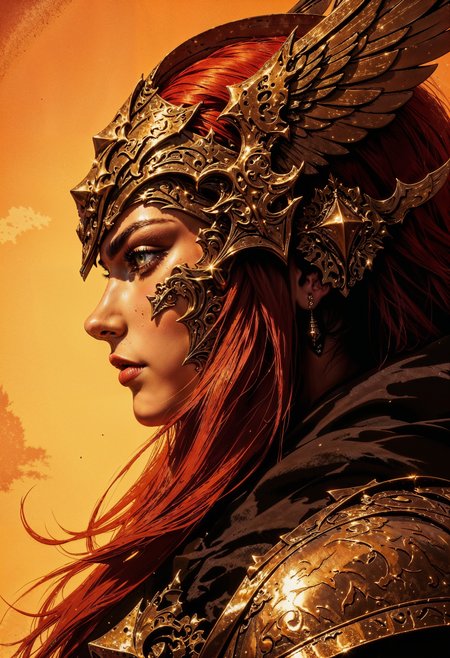 a fantasy-style portrait of a woman in profile. She has long, flowing red hair and is wearing an intricately designed, metallic helmet with ornate, wing-like extensions. Her skin is fair, and her facial features are sharp and defined, with a focused expression. The armor she wears is detailed with elaborate patterns and a golden hue, complementing the warm, orange background that suggests a sunset or fiery ambiance. The overall composition is dynamic, with a strong emphasis on the character's regal and warrior-like appearance. <lora:FluxMythG0thicL1nes:0.6> <lora:RetroAnimeFluxV1:0.6> <lora:FredFraiStyle-FLUX-Share:0.6>  <lora:dark_fantasy_flux:0.6>