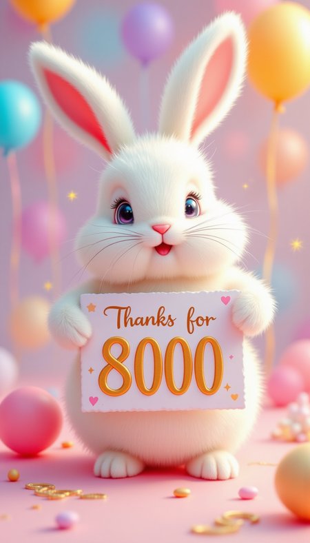 pinkfluxproultrafantasia,
Cute Bunny Celebration - A fluffy bunny holding a pastel-colored banner with "Thanks for 8000" written in golden letters, surrounded by floating balloons and tiny sparkles.