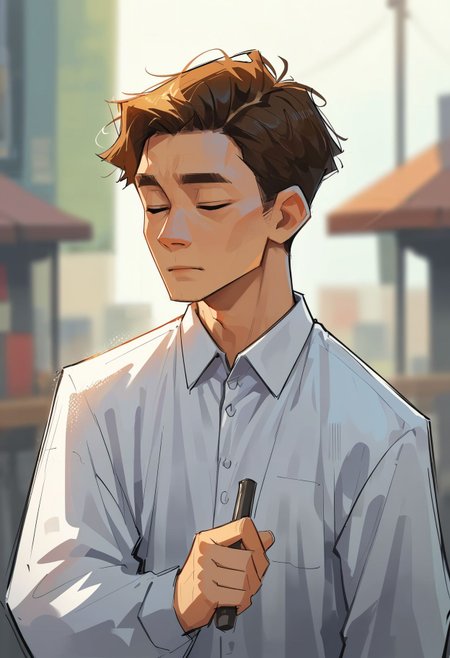 score_9,score_8_up,core_7_up, <lora:samdoesarts_pdxl_v1:1>  1boy, male focus, solo, closed eyes, shirt, upper body, collared shirt, holding, brown hair, blurry, long sleeves, blurry background, white shirt