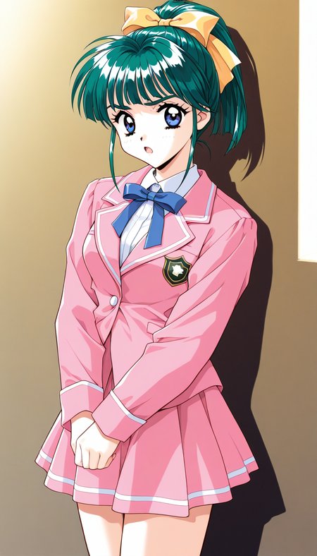 masterpiece, best quality, good quality, <lora:IijimaMiyuki_IS:1>IijimaMiyuki, 1girl, solo, green hair, short hair, ponytail, blue eyes, Yellow bow, hair bow, bangs, breasts,1990s (style),kadoi aya style, BREAK,
pink skirt, blue lin in skirt, BREAK,
school uniform, blue ribbon, frown, open mouth, ribbon, long sleeves, pink jacket, looking at viewer, shirt,
standing, cowboy_Shot,
crass room,