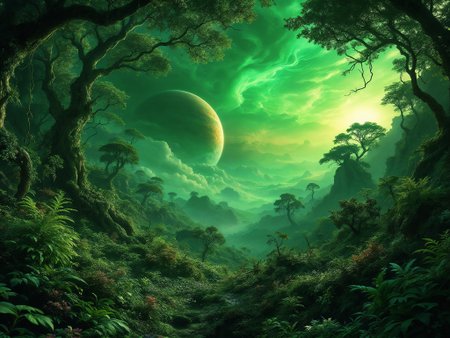 Hyper realistic photo, masterpiece, stunning, best quality,
fantasy.
Alien world with humid edgeless forest under green sky and two big planet. rising from horizon, 
Intricate, entangled, intricately detailed